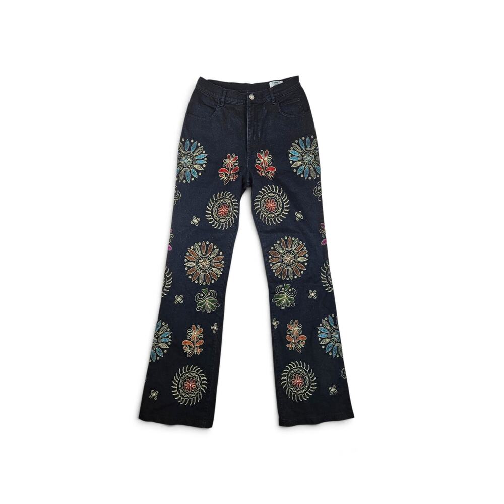 Y2k Euro Flared Jeans Embroidered Black Denim - Size 28